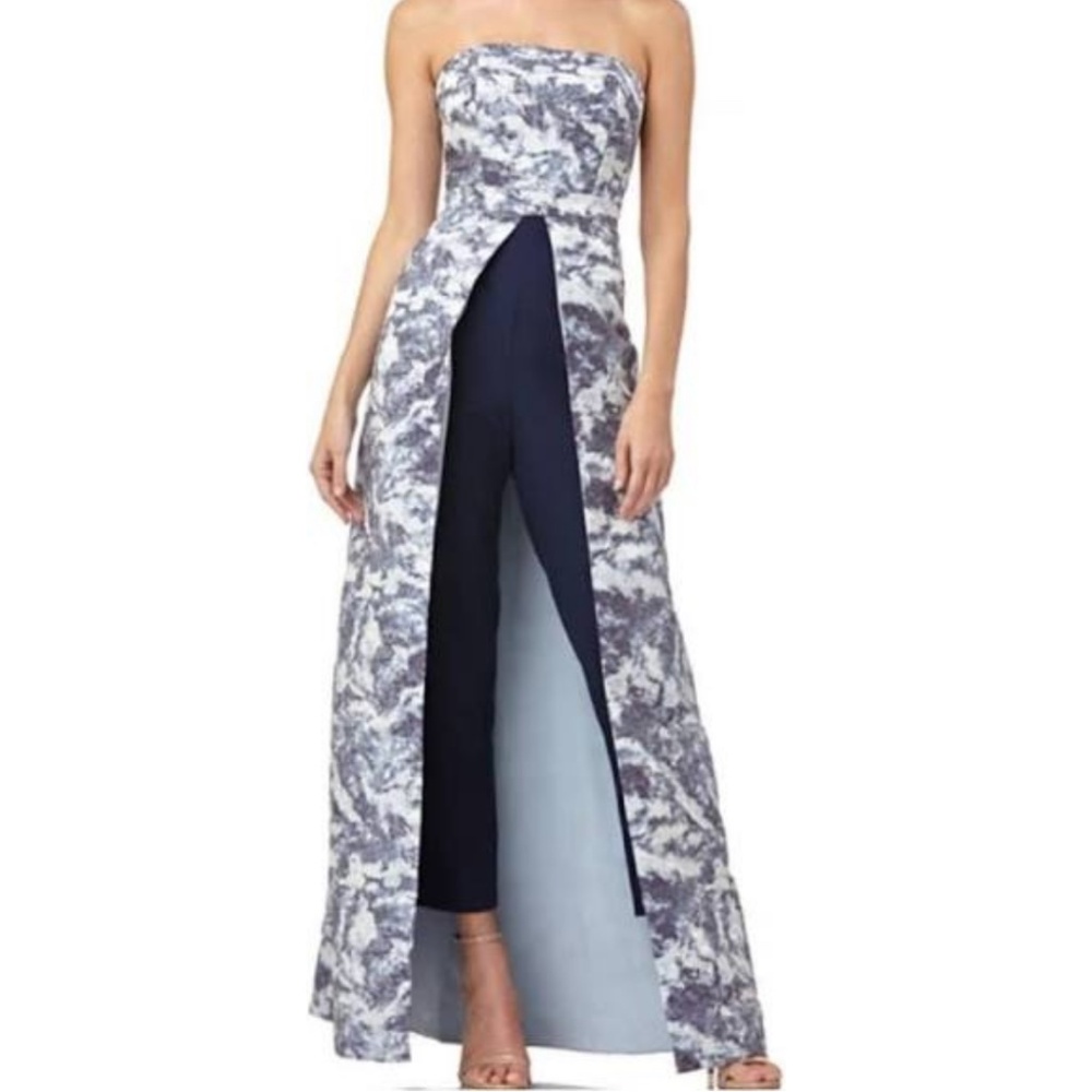 Kay Unger Blue Metallic Jacquard Strapless jumpsuit size 6